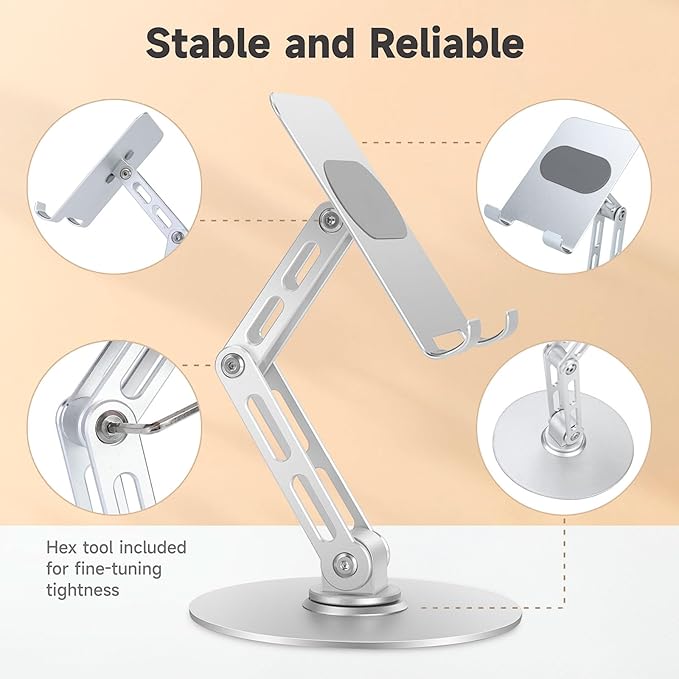 Foldable Desktop Phone Stand for Desk with Adjustable Height up to 6.7inch/17cm Sturdy 360° Rotating Desktop Holder for 4-11 Inch Cell Phones/Tablets, Aluminum Alloy/Carbon Steel Base