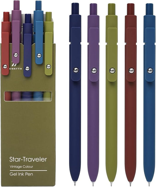 Gel Pens, 5 Pcs 0.5mm Quick Dry Black Ink Fine Point Smooth Writing with Silicone Grip,High-End Series Metal Clip Retractable Pens for Journaling Note Taking (Vintage)