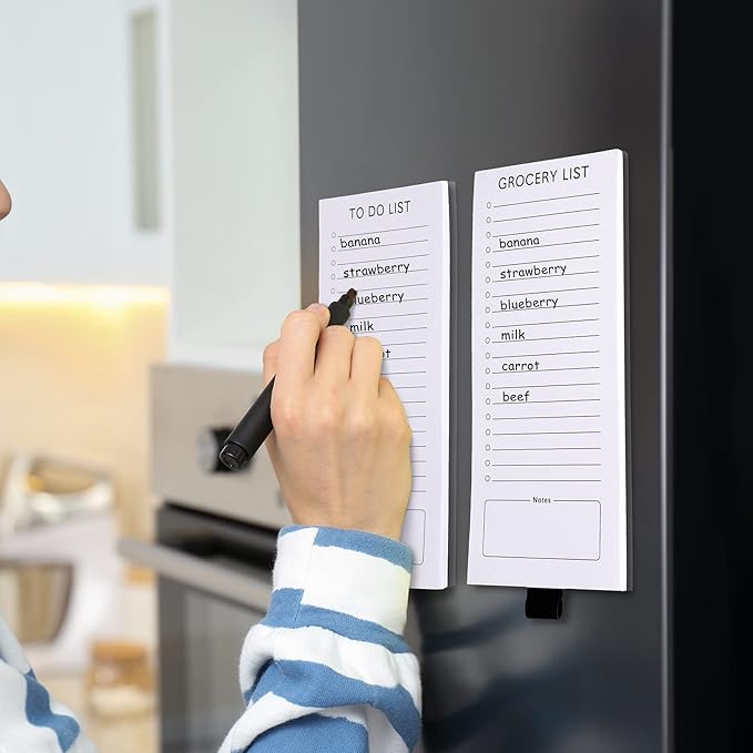 Sinmoe 2 Pcs Magnetic Notepad for Refrigerator Grocery List Magnet Notepad Fun Memo Note Pad Fridge To Do List with Pen Holder for Shopping Grocery Task, 3.5 x 7.5 Inch, 100 Sheets(Grocery List)