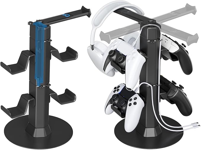 Gaming Controller & Headset Holder Stand for Desk, with Charger Cable Organizer Headphone Stand for PS5/ Xbox/ PS4/ Switch, Metal Base Controller Hook for Storage with 360° Rotatable Hanger- 2 Tiers
