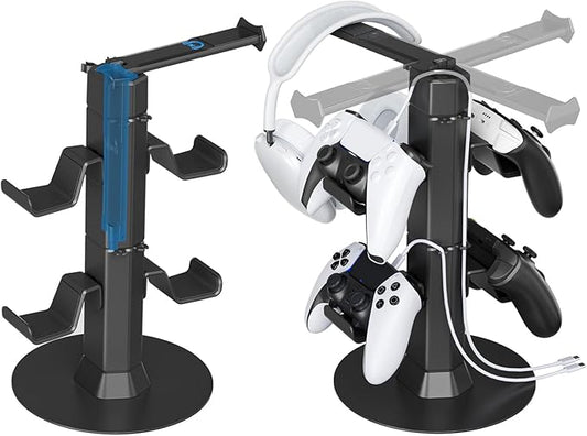 Gaming Controller & Headset Holder Stand for Desk, with Charger Cable Organizer Headphone Stand for PS5/ Xbox/ PS4/ Switch, Metal Base Controller Hook for Storage with 360° Rotatable Hanger- 2 Tiers