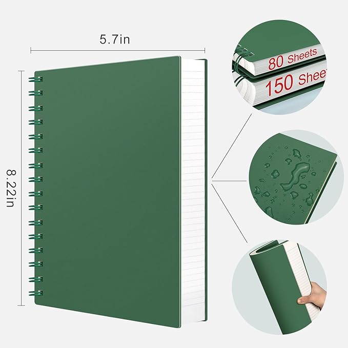 AHGXG Spiral Notebook College Ruled - Spiral Journal A5 Smal Notebooks for Work, 100GSM Thick Paper, Plastic Hardcover, for Office School Writing Notes,5.7" x 8.3", Green