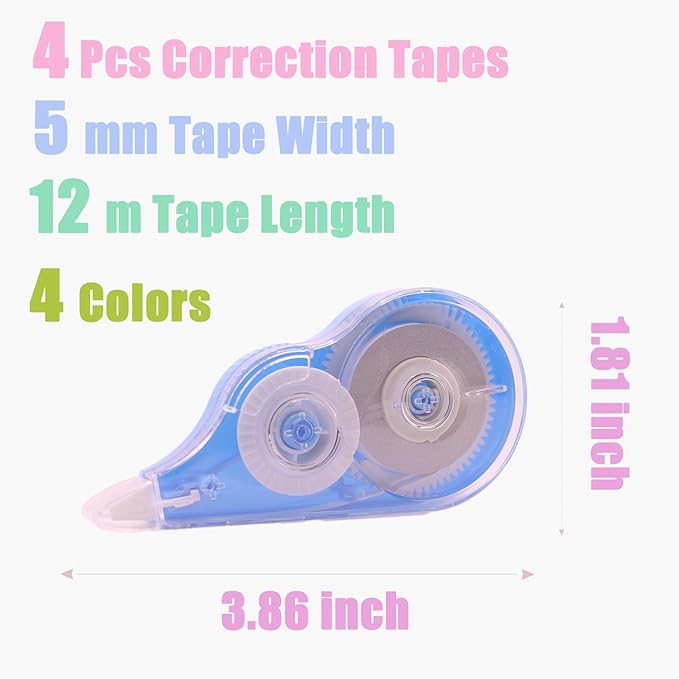 4 Pcs 39.4 Ft Colorful Correction Tape, White Wrong Out Tape Roller Bulk for Noting, Teacher Supplies, School, Office (4 Colors)