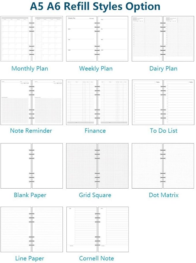 Spiral Notebook Refill Weekly Planner Refill,Undated 6 Hole Insert Paper,for Filofax,100gsm Quality, 45sheets/90pages-Harphia (A6 3.74 x 6.77'',Weekly)