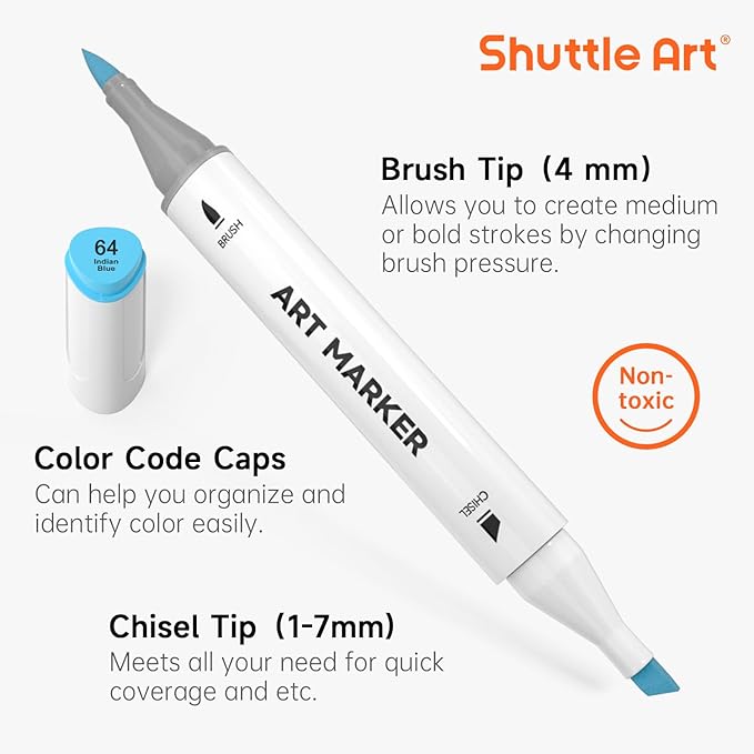 Shuttle Art Brush Tip Alcohol Markers, Dual Tip Brush & Chisel Tip Art Marker Set, 89 Colors Marker Pens with Organized Case Perfect for Illustration Kids Students Adults Coloring Sketching