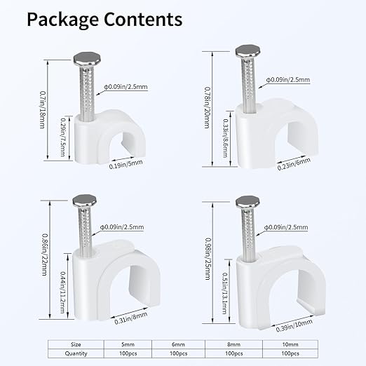 LeMotech 400pcs Cable Clips 5/6/8/10mm Cable Nail Clips Cable TacksWire Wall Clips with Steel Nails for Cable Cord Management RG6 RG59 CAT5 CAT6 RJ45 Electrical Ethernet Coaxial Clamps, White