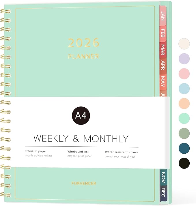 2026 Planner, Forvencer Calendar Planner Weekly and Monthly (Jan 2026-Dec 2026), 8.5" X 11", Agenda Book, Daily Journal Notebook with Tabs, Flexible Cover, Home School Organizer, A4, Mint Green