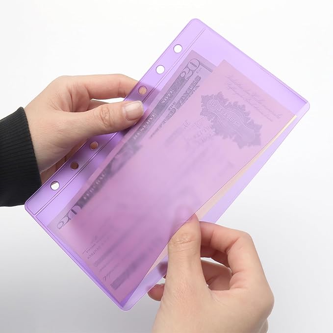 24 A6 Cash Envelopes Purple A6 Binder Pockets Zipless Budget Binder Inserts Sleeves PVC Sheet Protector for 6 Ring A6 Binders Organizer Photos Cards Bills (Purple)