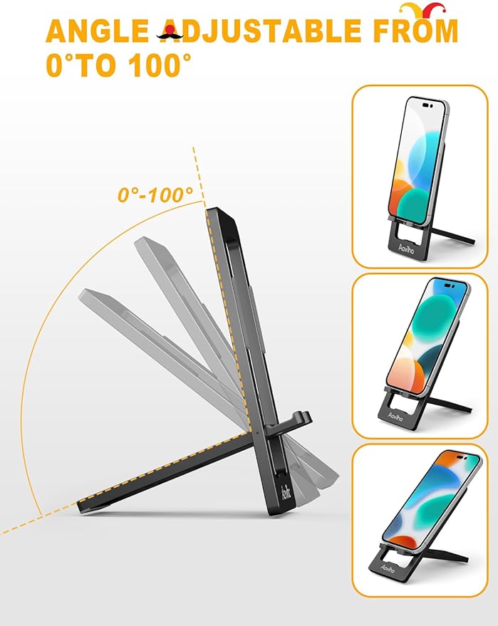 Phone Stand for Desk, Ultra-Thin Foldable Aluminum Phone Holder, Portable Travel & Office Cell Phone Stand Compatible with iPhone 17 16 15 14 13 12 Pro Max, Fits 3.7"-7" Devices, Black