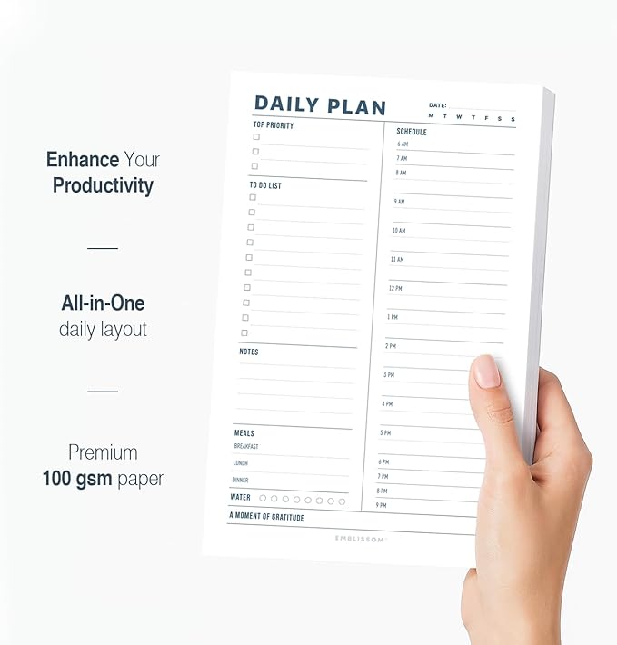 Daily Planner Notepad, 5.5 x 8.5" Tear-Off Pad – 70 Undated Sheets Focus-Enhancing Desktop Organizer with Hourly Schedule, To-Do List for Work, School (White, Minimalist, 2 Pack)