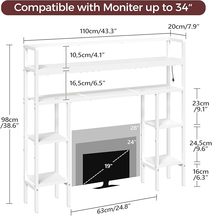 Desktop Shelf with LED Light Strip, Desktop Hutch with Adjustable Feet and Anti-Tip Kit, Storage Shelf with Particleboard Shelves and Wire Mesh, for Study, Home Office, White DSWT9801