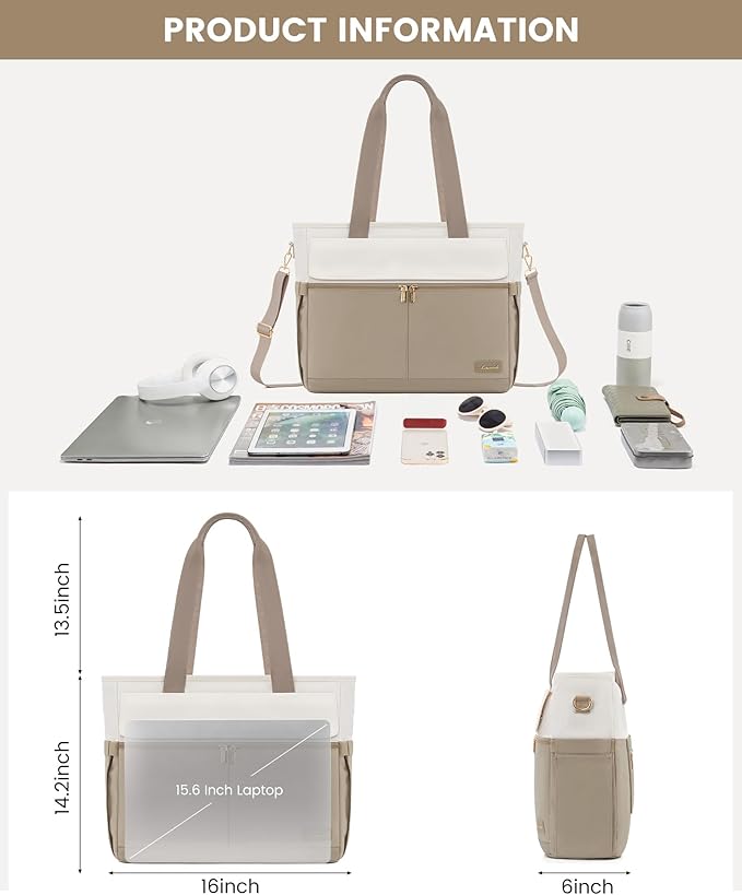 LOVEVOOK Laptop Bag for Women 15.6 Inch Canvas Laptop Large Capacity Work Bags Mutiple Pockets Teacher Bag Water Resistant Computer Bags for Business Travel Nurse, Khaki