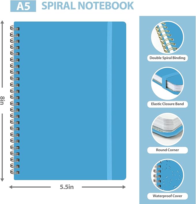 VALOME Journaling Notebooks, A5 Lined Spiral Notebook for Women & Men, 146 Pages College Ruled Hardcover Note Book for Work, Note Taking, Journaling, School, Writing (Bright Blue)