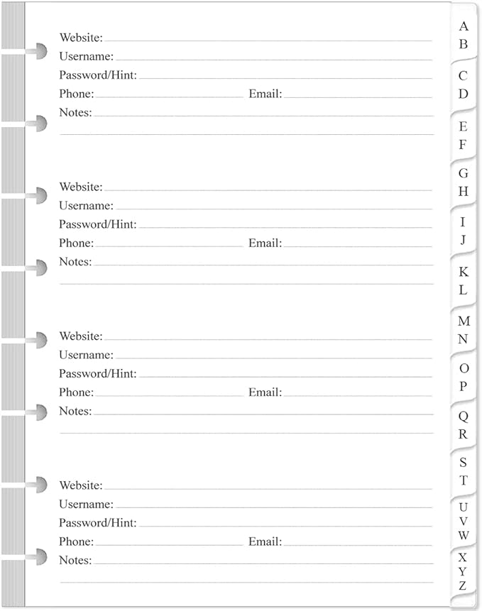 A5 TUL Discbound Password Book Refills - 8-Disc A-Z Password Notebook Refill Paper with Alphabetical Tabs, 120gsm White Paper, 5.8" x 8.3"