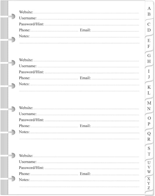 A5 TUL Discbound Password Book Refills - 8-Disc A-Z Password Notebook Refill Paper with Alphabetical Tabs, 120gsm White Paper, 5.8" x 8.3"