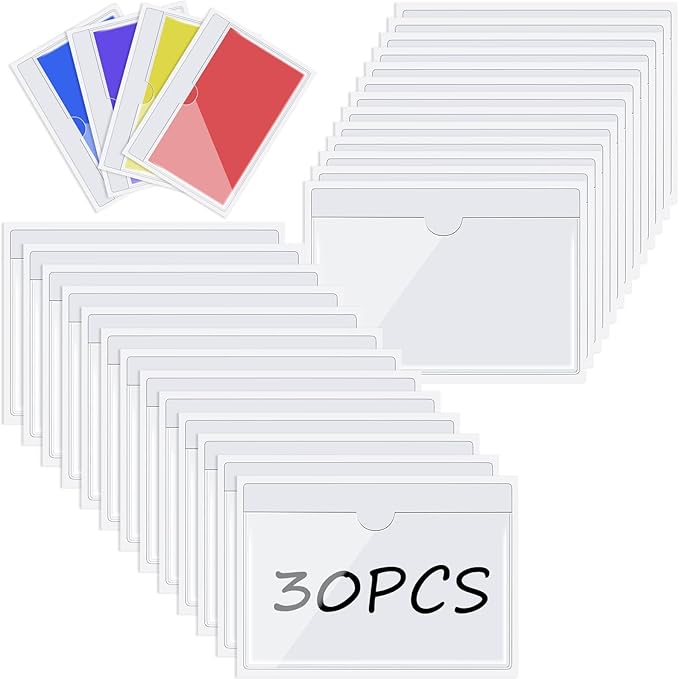 Chinco 30 Pcs Self Adhesive Pockets, Bin Labels for Storage Bins, Clear Pocket Label Sleeves, Plastic Index Card Holder with Top Open for Organizing Bins Box Drawer(3 x 5 Inches)