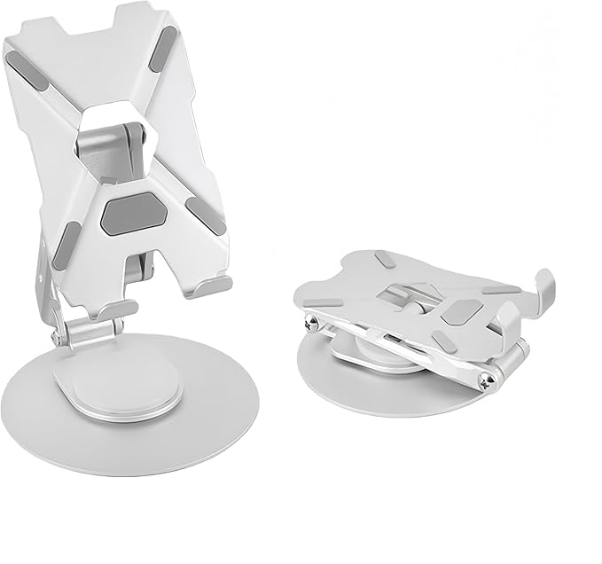 All-Metal Cell Phone Stand 360° Rotatable & Height Adjustable - 25KG Super Load-Bearing, Foldable Desk Stand for Phone & Tablet, Compatible with iPhone 17/16/15/14, Kindle eBook, Silver