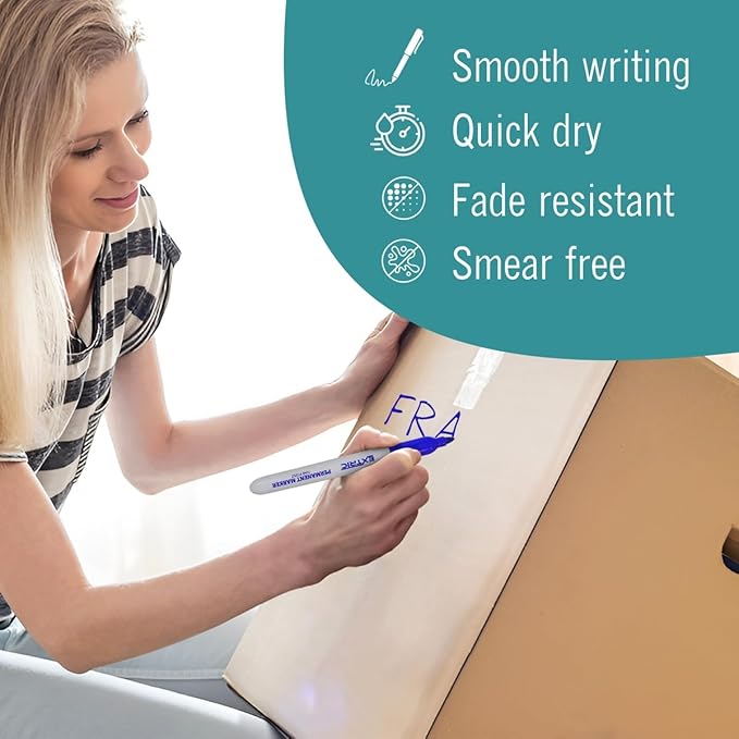 EXTRIC Permanent Markers Blue, 12 Count Fine Point Markers, Quick Drying, Works on wood, Paper, Plastic, Metal and Glass, for Home, Office and School