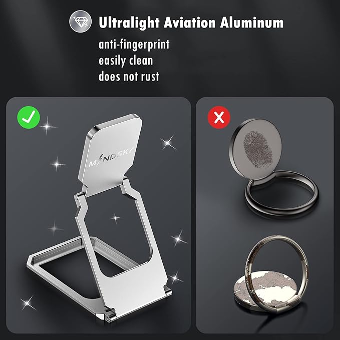 Phone Ring Holder Finger Kickstand 360°Rotation Cellphone Back Grip Foldable Cell Phone Stand for Desk Compatible with iPhone iPad Smartphones Tablets (Aluminum Alloy Silver)