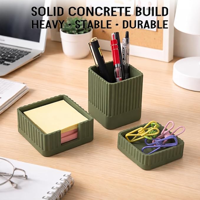 Aesthetic Concrete Desk Organizer Set of 3 - Stylish & Durable Office Accessories - Includes Pen Holder, Paperclip Storage, and Sticky Note Holder for a Clean, Modern Workspace (Green)