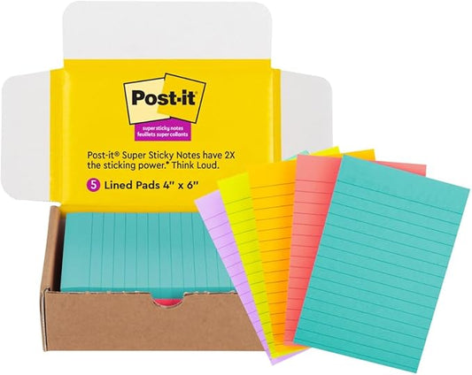 Post-it Super Sticky Lined Notes, 5 Sticky Note Pads, 4x6 in, Ideal for New Year Spring Cleaning or Second School Semester, Sticky Notes for Dorm, Home and Office, Bright Colors