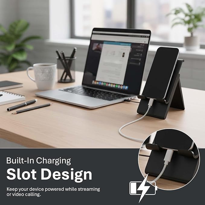 Tablet Stand, Adjustable Height, Phone Stand, Tablet Stand for Desk, Devices up to 12", Charging Slot, Foldable, Silicone Padding, Compatible with iPad/iPhone, Fits Tablets and Phones