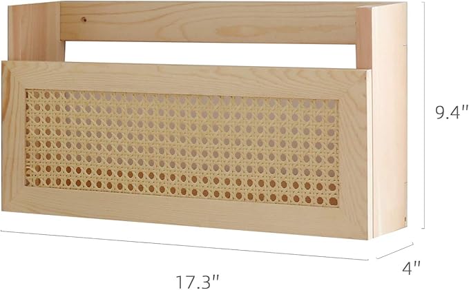 FIRADE Wood Magazine Wall Rack with PE Rattan Grid,Size 17.3" x 4" x 9.4",File Holder for Entryway,Living Room,Waiting Room,Kids’ Room,Office