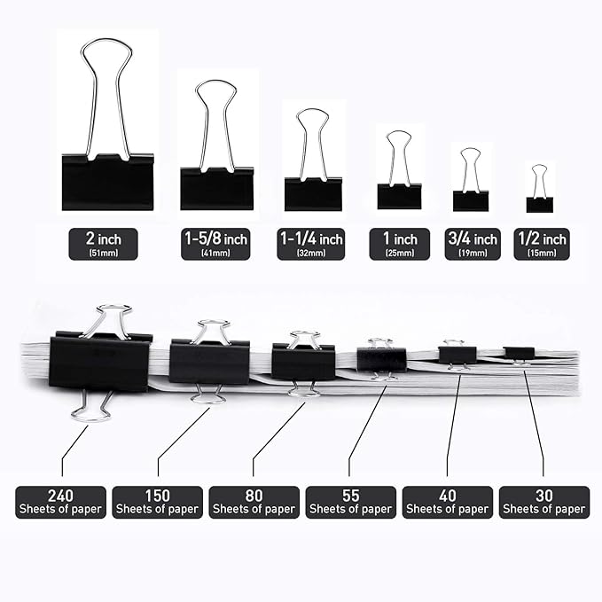 Medium Binder Clips, 144 Pack, 1-1/4 Inch, Standard 32mm, Black, Capacity 0.6 Inch, 1.25 Inch Medium Clips, Fold Clamp, Office Supplies