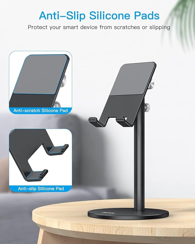 OMOTON Cell Phone Stand, Angle Height Adjustable Phone Stand, Aluminum Desktop Phone Holder Dock Stand for Desk, Compatible with iPhone Air/17 Pro Max/, All Smartphones and Tablets(4-11''), Black