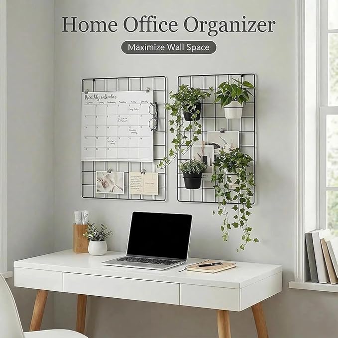 Kaforise Wire Wall Grid Panel, Multifunction Painted Photo Hanging Display and Wall Storage Organizer, Pack of 2, Size 25.6x17.7inch, Black
