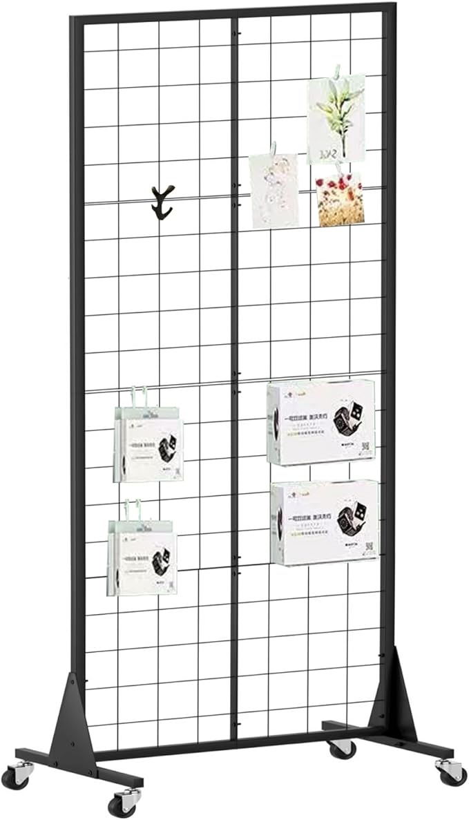 Gridwall Panel Display Stand, 2'x5.5' Heavy Duty Floor Standing Rack with Detachable Girdwall, Movable Silent Wheel, Easy to Transport, Ideal for Retail & Craft Fairs