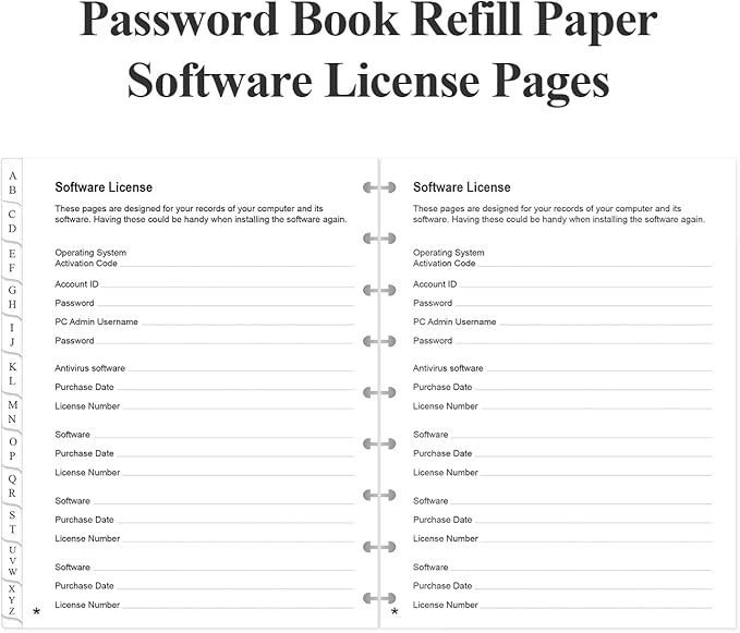 9-Disc Discbound Password Book Refills for Happy Planners - A-Z Password Notebook Refill Paper with Alphabetical Tabs, 120gsm White Paper, 7" x 9.25"