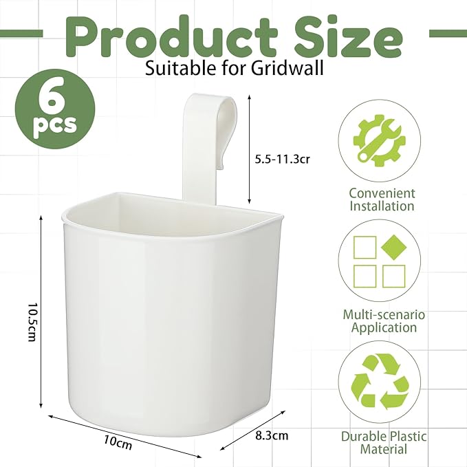 6 Pcs Grid Wall Baskets for Storage Grid Panel Accessories Hanging Bins Gridwall Cups for Kitchen and Bathroom, Hanging Baskets for Organizing, White