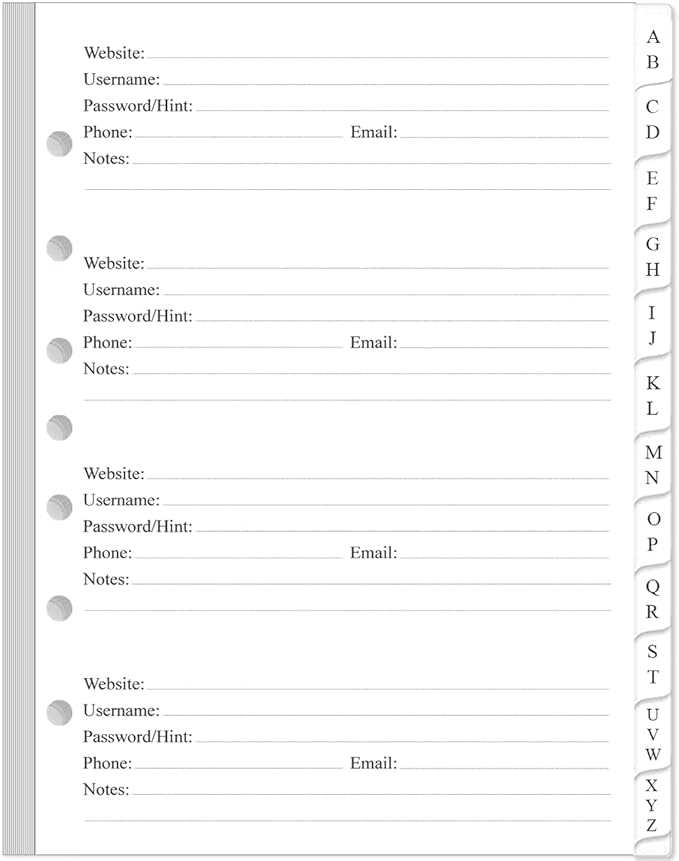 Password Book Refills - A-Z Password Notebook Refill Paper with Alphabetical Tabs, 120gsm White Paper, 7-Hole/Desk Size 4, 5.8" x 8.3"
