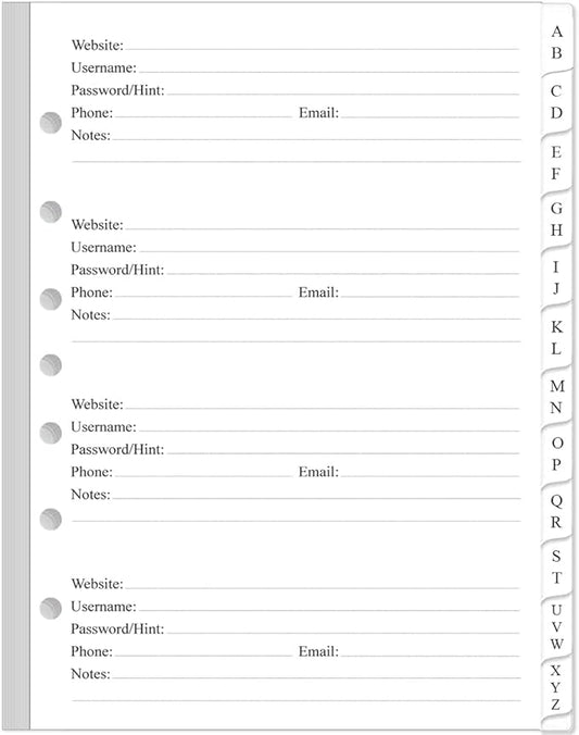 Password Book Refills - A-Z Password Notebook Refill Paper with Alphabetical Tabs, 120gsm White Paper, 7-Hole/Desk Size 4, 5.8" x 8.3"