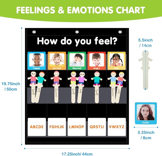 Eamay Emotions and Feelings Pocket Chart for Kids with 31 Cards,Social Emotional Learning Pocket Chart for Classroom and Home-School,Black (Black)