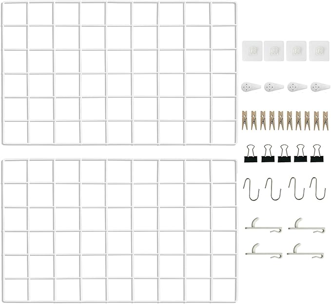 Metal Grid Wall Panel White, Wire Photo Display Organizer, 17.3"×11.8" Board, Picture Frame, 2-Pack Mesh Memo Board with Clips and Hooks