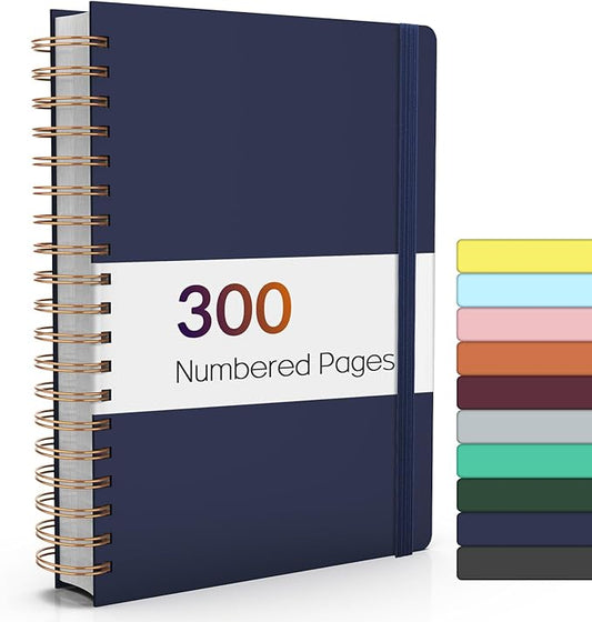 Forvencer A4 Lined Spiral Journal Notebook with 300 Numbered Pages, 11" X 8.5" College Ruled Thick Journals for Writing with 100GSM Paper, Hardcover Notebooks with Contents for Work, School, Navy