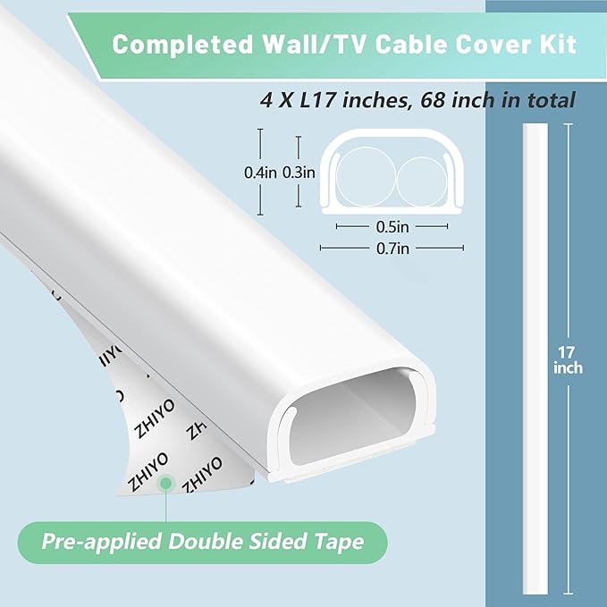 ZhiYo Wire Covers for 2 Cords, Wire Hider on Wall Mounted, 68in Cord Cover Kit, Cable Cover Paintable, Cable Concealer for Extension Cord, Ethernet Cable, Speaker Wire Hider, Brown W0.7in H0.4in