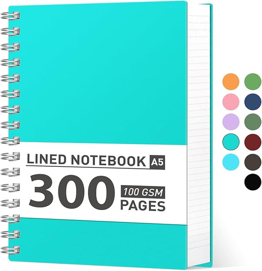 AHGXG Spiral Notebook - A5 Notebook College Ruled, Small 5.7" X 8.22", 300 Pages Thick Notebook Journal, 100GSM Lined Paper, Plastic Hardcover, for Work Office School Writing Notes, Lake Blue
