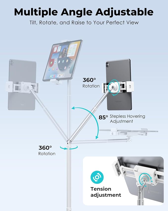 Viozon Tablet Floor Stand, Height & Angle Adjustable Tablet Holder with Aluminum Alloy Arm Tube, 360° Rotation for Bed, Sofa, Desk, Compatible with 3.5-11'' iPad Pro/Air/Mini, iPhone 15/14, Kindle.