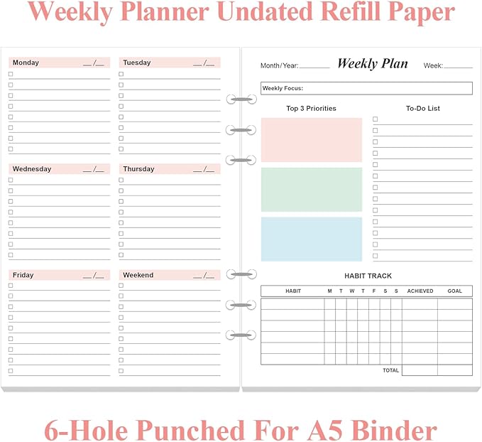 Weekly Planner Refills for A5 Binders - 53 Sheets/106 Pages Undated Colorful Weekly Planner, 6-Hole Punched, 100 gsm White Paper, Lasts 1 Year, Undated, 5.8" x 8.3"