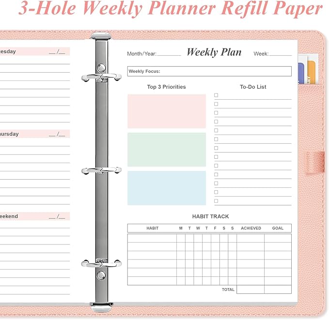 Half Letter Size Weekly Planner Refills for 3 Ring Mini Binders - 53 Sheets/106 Pages Undated Colorful Weekly Planner, 100 gsm White Paper, Lasts 1 Year, Undated, 5.8" x 8.3"