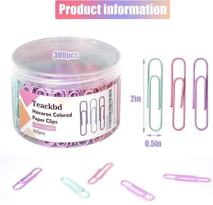 Macaron Colored Paper Clips, Large Paper Clip, 2" Jumbo Paper Clip,300pcs Big Paper Clips for Office Supplies