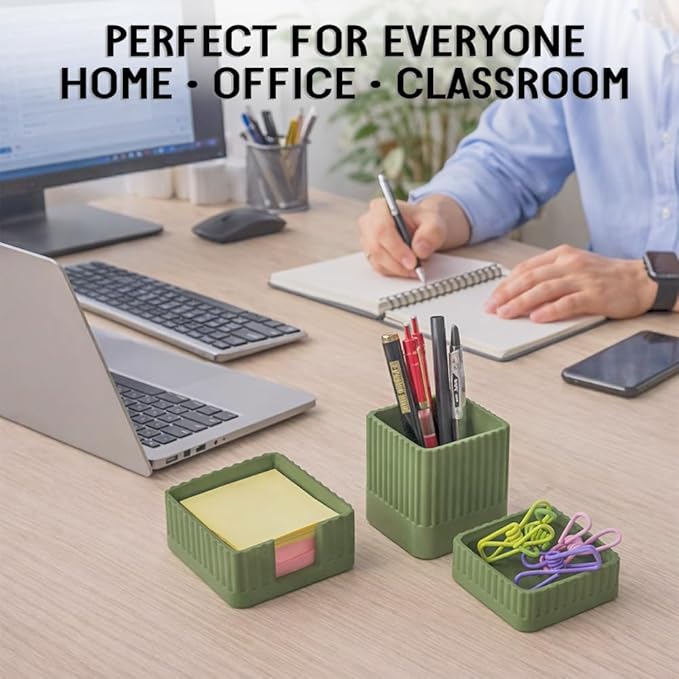 Aesthetic Concrete Desk Organizer Set of 3 - Stylish & Durable Office Accessories - Includes Pen Holder, Paperclip Storage, and Sticky Note Holder for a Clean, Modern Workspace (Green)