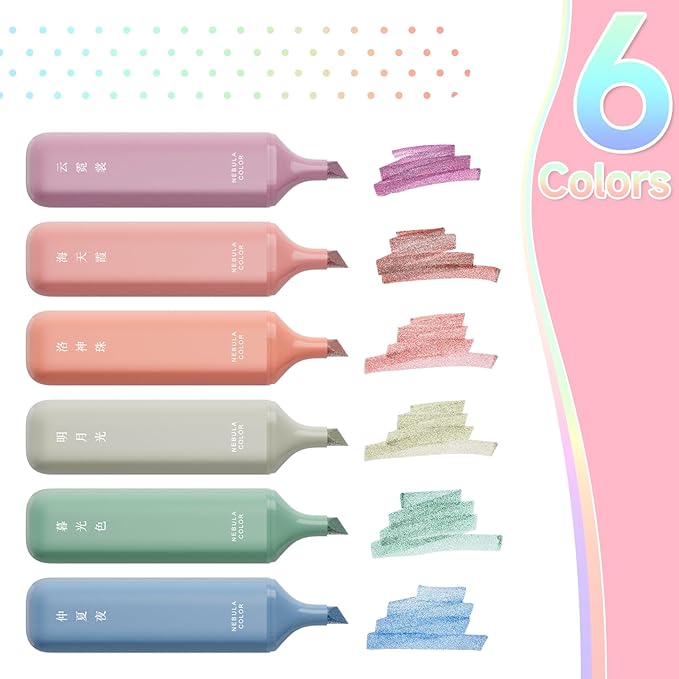6 Pcs Glitter Highlighters,Nebula Color Glitter Highlighter Assorted Colors,No Bleed Dry Fast Easy to Hold Bible Highlighters,School and Office Supplies for Marking Drawing Journaling