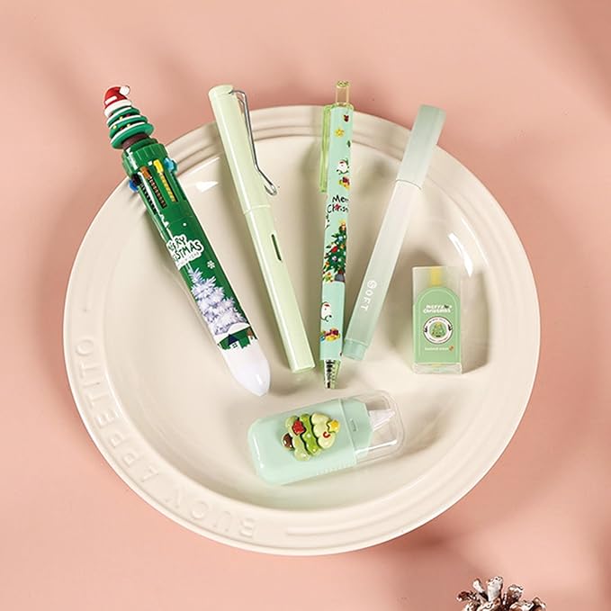 6 Pcs Cute Christmas Stationery Set for Women Men Xmas School Supplies Office Supplies Including Gel Ink Pens Ballpoint Pens Pencil Eraser Christmas Gift (Xmas-Green)