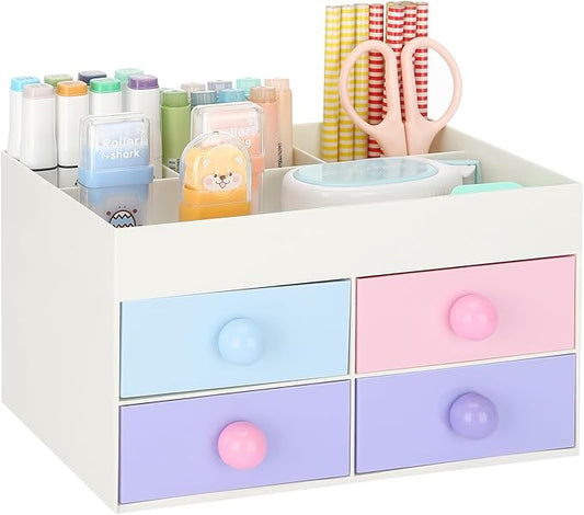 LETURE Desk Organizer with Drawer, Desktop Accessories Stationary Organizer Desk Caddy, Pen/Pencil/Business Card/Sticky Note Tray/Paperclip Holder Storage Box (Colorful A)