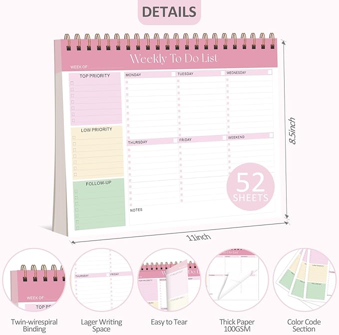 Weekly To Do List Notepad with 52 Undated Sheets (8.5"×11"), Desk Weekly Planner Notepad for Office Desk Accessories and School Supplies (Pink)
