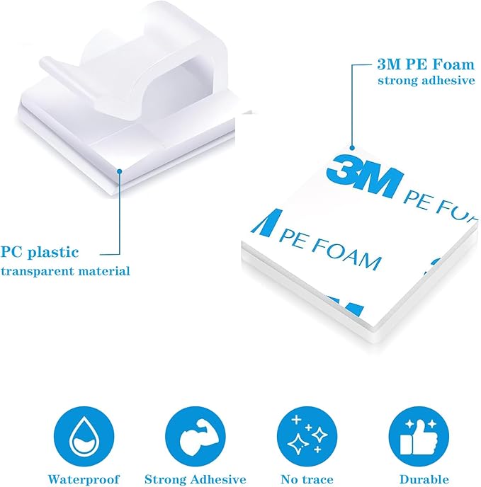 Cable Clips，100PCS Electrical Cord Management Adhesive Cable Wire Clip Wire Clips Wall，Used for Cars, Offices, and Homes Cable Clips Cord Organizer (Transparent)